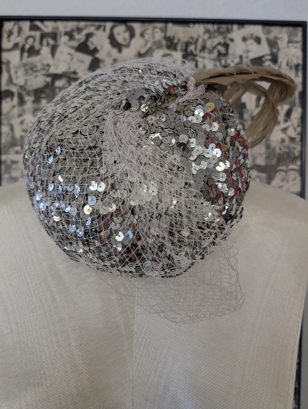 VINTAGE Hat Sequin Veiled Cocktail With Feather From 1950